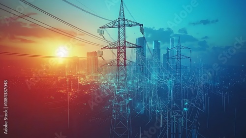 High-voltage power grid with city skyline and lines of energy data in the background. Double exposure concept for smart electricity management, digital twin technology, or global gas and electric