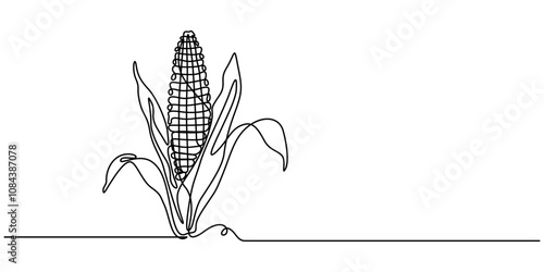 Maize ear in continuous line art drawing style. Corn cob black linear sketch isolated on white background. Vector illustration, Continuous one line drawing of corn icon in silhouette on a white.