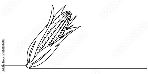 Maize ear in continuous line art drawing style. Corn cob black linear sketch isolated on white background. Vector illustration, Continuous one line drawing of corn icon in silhouette on a white.