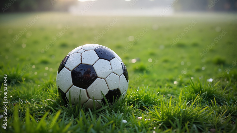 Fototapeta premium Soccer ball in morning dew on lush green field