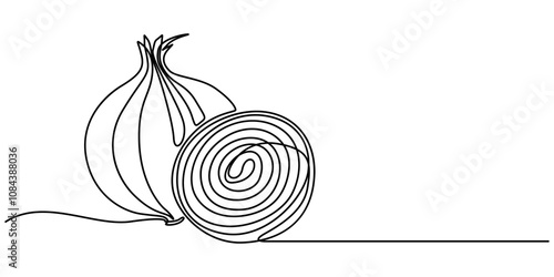 Continuous Line Drawing Of Garlic & Parsley On A Transparent background, Continuous one line drawing two whole healthy freshness organic bulb onion for harvesting logo identity. Fresh common onion. 