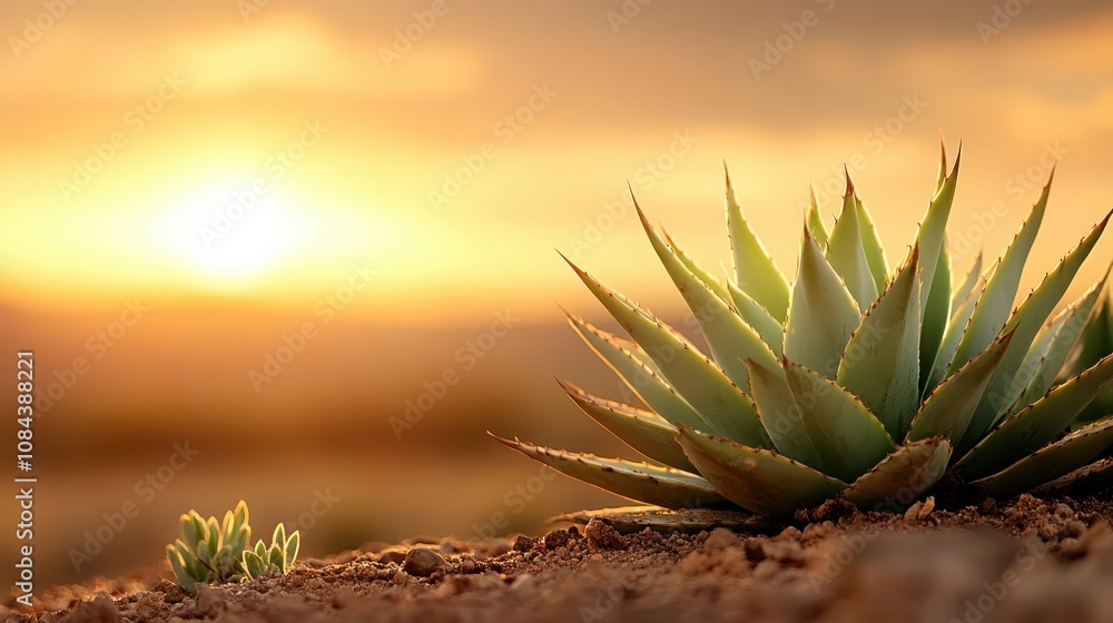 A close-up shot of an agave plant's leaves under the golden hue of a breathtaking sunset, symbolizing tranquility and natural beauty in an arid environment. A close-up shot of an agave plant's leaves under the golden hue of a breathtaking sunset, symbolizing tranquility and natural beauty in an arid environment.