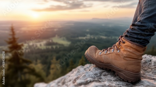 A single hiking boot perched on a rocky cliff captures the essence of exploration, adventure, and the breathtaking beauty of a panoramic valley bathed in sunset light. photo