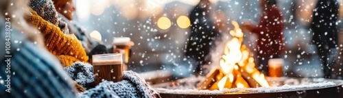 Panoramic cozy winter, A panoramic shot of people gathered around an outdoor fire pit, wrapped in blankets and sipping hot cocoa under softly falling snow