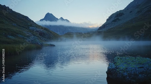 Serene Dawn at Swiss Mountain Lake with Mist