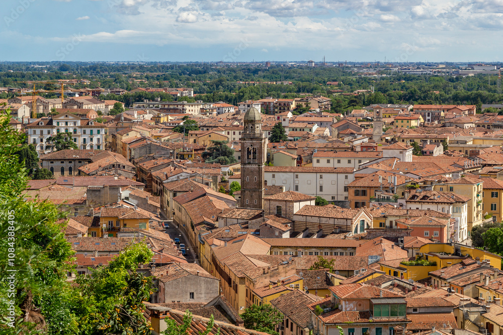 Naklejka premium a beautiful, stunning unique panoramic view at a steep hill down to the cityscape of Verona, italy