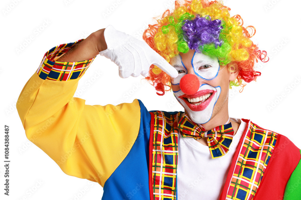 Portrait of happy clown pointing at his nose on white background Portrait of happy clown pointing at his nose on white background