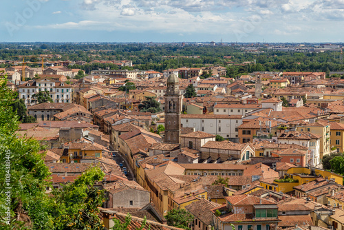 a beautiful, stunning unique panoramic view at a steep hill down to the cityscape of Verona, italy photo