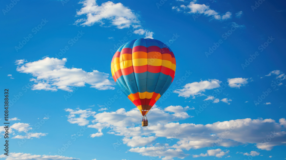 Fototapeta premium Colorful hot air balloon, blue skies, sparse clouds, National Geographic photography.