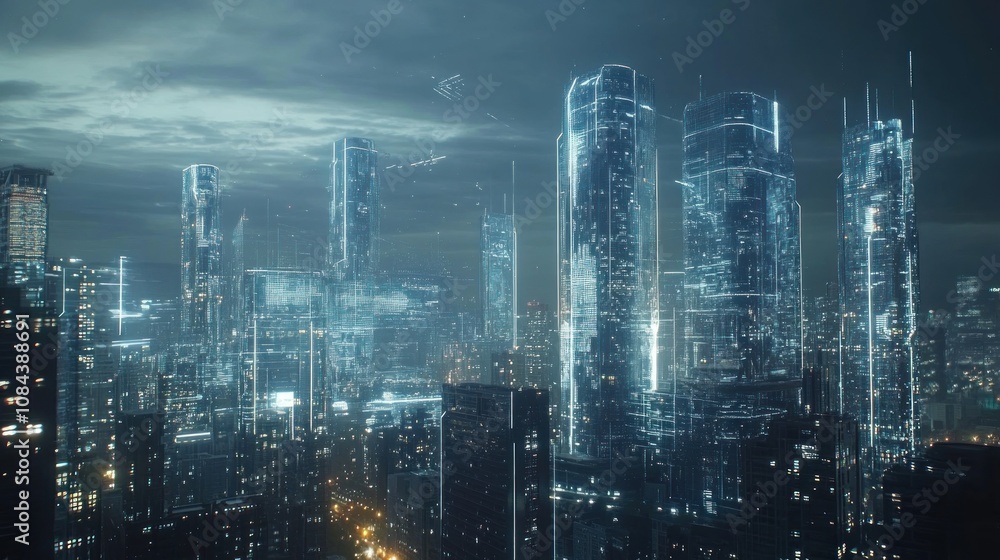 Fototapeta premium Futuristic Cityscape at Night: A Digital Metropolis