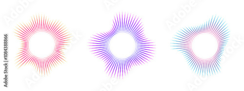 Neon dot equalizer set. Audio multicolor waves. Music symbol, circular sound waves. Vector radial spectrum