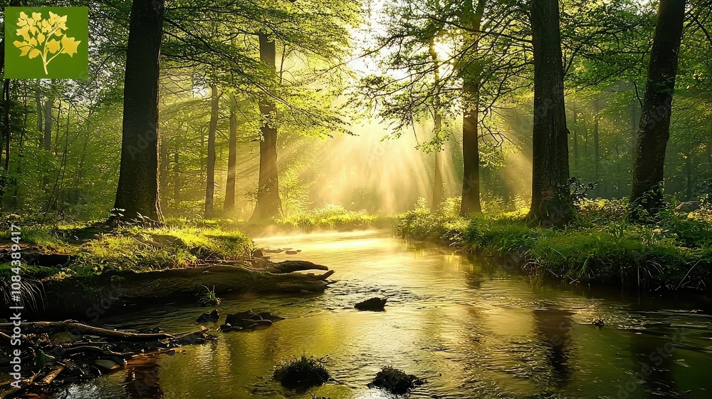 Obraz premium Misty Morning Stream in a Serene Forest