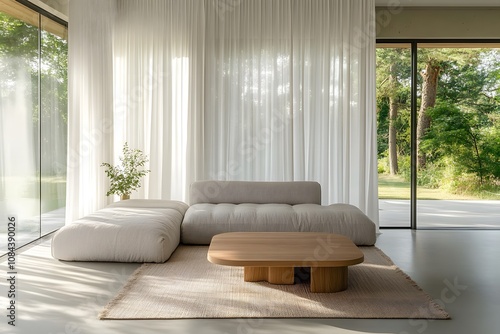 Modern Minimalist Living Room Interior Design Beige Sofa Wooden Coffee Table Sheer Curtains Sunny