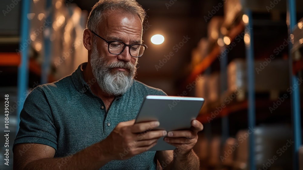 An elderly man, focused on a tablet, is seated in a storage area. He displays a thoughtful expression, surrounded by shelves of neutral-toned boxes. An elderly man, focused on a tablet, is seated in a storage area. He displays a thoughtful expression, surrounded by shelves of neutral-toned boxes.