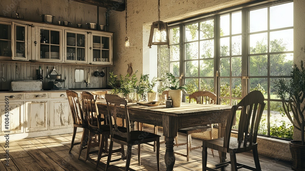 Fototapeta premium Rustic Farmhouse Dining Area with Natural Light