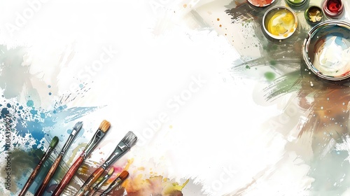 Fototapeta Naklejka Na Ścianę i Meble -  A creative, vector illustration with paint brushes, oil paints, water colors, leaves around of the design, white background, copy space for text