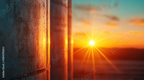 Close-up view of metal silos in the setting sun, capturing the reflection of light and the warmth of the evening sky in an industrial setting. photo