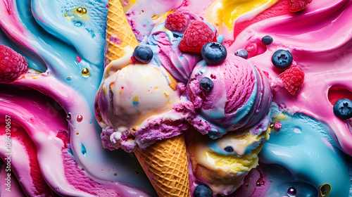 A Vibrant and Chaotic Melty Mashup of Ice Cream Flavors Creating a Colorful Delightful Scene photo