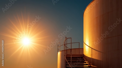 An industrial silo with metal stairs against a sunlit sky during the golden hour, highlighting architectural details and the warmth of a setting sun. photo