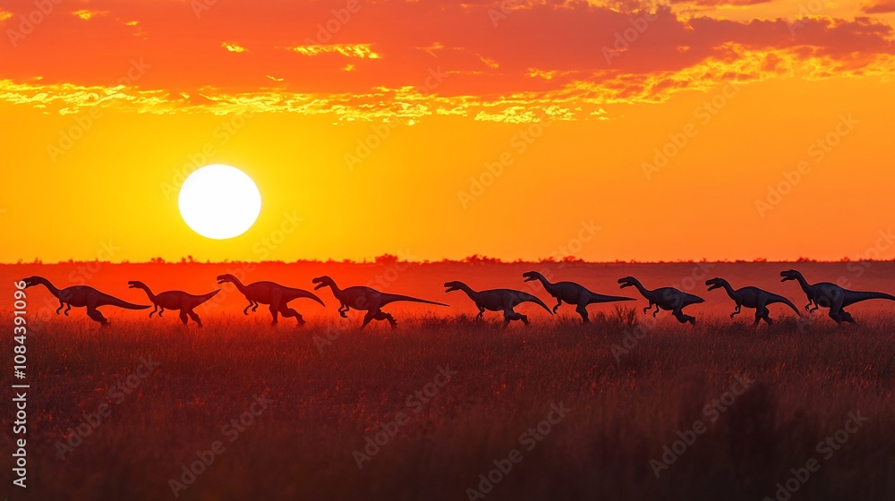 A herd of dinosaurs silhouetted against a fiery sunset. A herd of dinosaurs silhouetted against a fiery sunset.