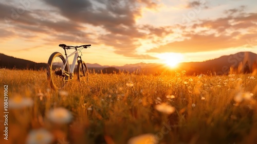 A lone bicycle stands proudly in a sunlit meadow, framed against a stunning sunset, capturing the essence of solitude, adventure, and natural beauty. photo