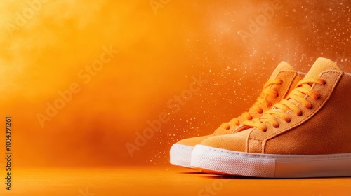 A sleek pair of bright orange sneakers is illuminated by dynamic lighting against an orange background, emphasizing their sporty style and energetic fashion statement. photo