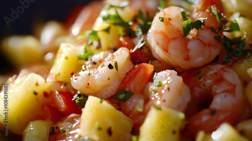 Pineapple Ceviche: A Tropical Seafood Delicacy with Marinated Shrimp and a Medley of Fresh Herbs and Spicy Notes photo