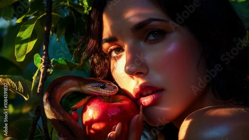 Eve stands beneath a lush tree, holding a bright red apple, with a serpent coiled around a branch above her. The scene is bathed in soft, ethereal light, symbolizing temptation and the Garden of Eden.