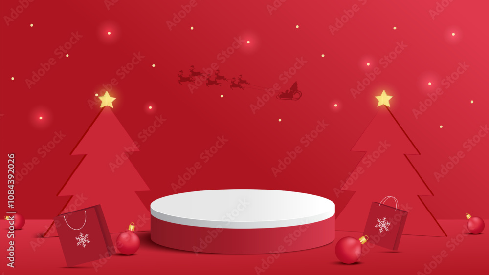 Fototapeta premium Podium Christmas. Red Podium for product display presentation with christmas tree. Podium platform to show product on red background. Merry Christmas background_13
