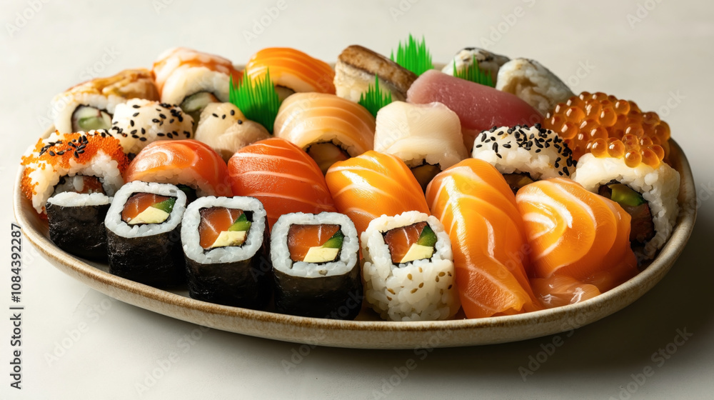 Assorted sushi platter with variety of nigiri and maki rolls, including salmon, tuna, eel, and avocado, garnished with sesame seeds and roe. Assorted sushi platter with variety of nigiri and maki rolls, including salmon, tuna, eel, and avocado, garnished with sesame seeds and roe.