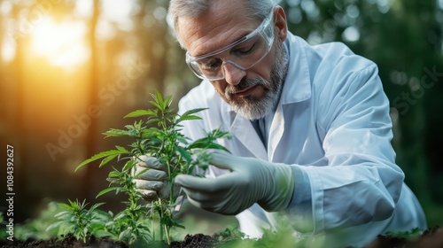 A focused scientist in a white coat and goggles examines a small plant, emphasizing the meticulous care and attention given to botanical research outdoors. photo