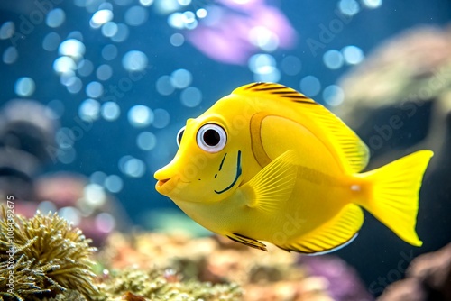 Adorable Yellow Cartoon Fish Illustration on Isolated Background with Bokeh Effect for Children's Books, Decor, and Postcards Featuring Playful Sea Animal Theme photo