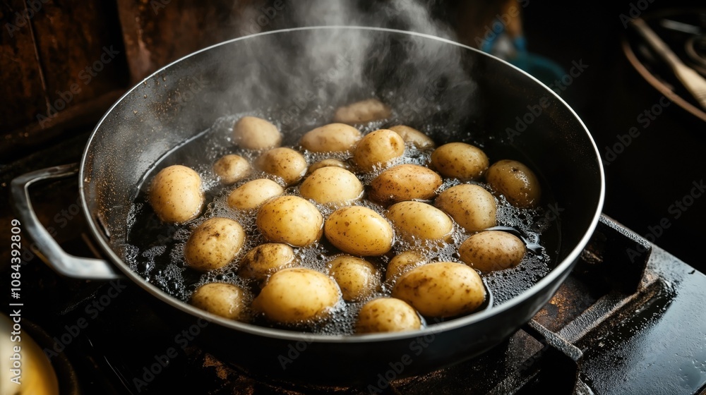 Small potatoes cooking in a pan filled with boiling water on a stovetop, releasing steam in a kitchen setting Small potatoes cooking in a pan filled with boiling water on a stovetop, releasing steam in a kitchen setting
