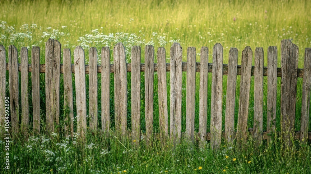 Fototapeta premium Rustic Wooden Fence in a Verdant Meadow