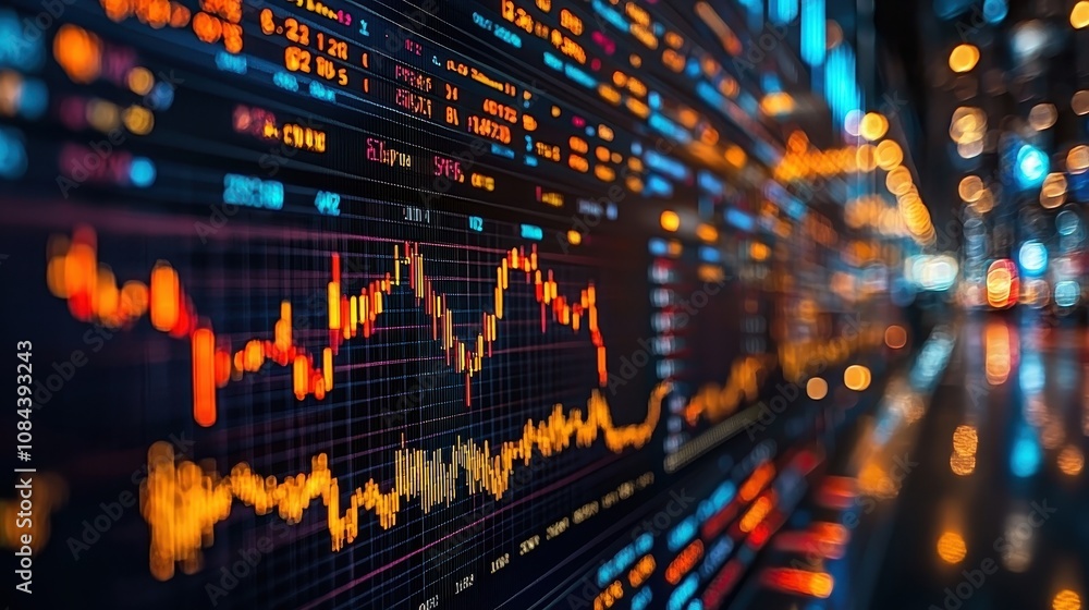 Fototapeta premium Analyzing stock market trends financial district data visualization urban environment close-up view investment insights