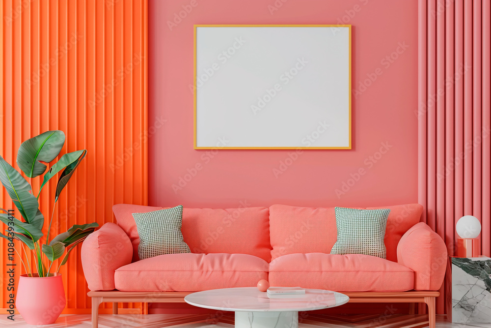 Poster mockup with square frame on empty wall in living room interior with pink sofa multi-colored pastel pillows and lamp Poster mockup with square frame on empty wall in living room interior with pink sofa multi-colored pastel pillows and lamp