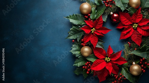 Festive Christmas wreath with poinsettias, holly, and ornaments on a dark blue background.