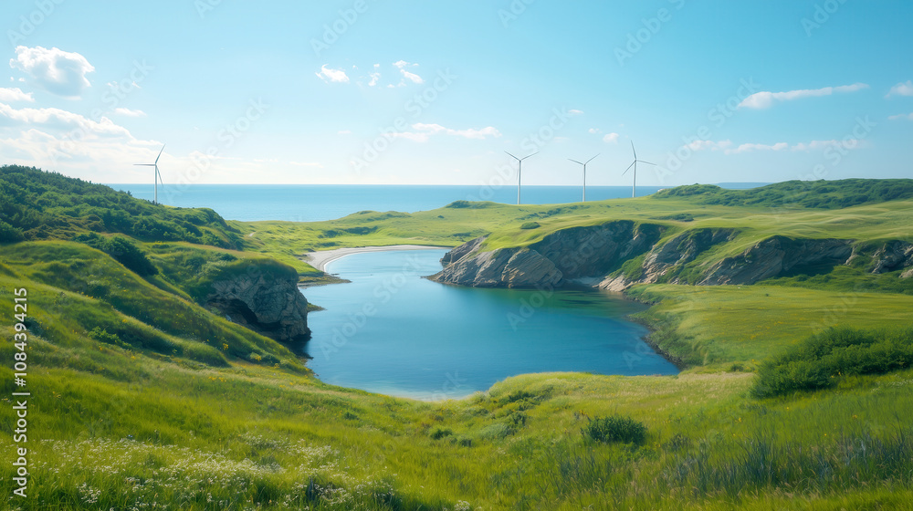 Serene coastal landscape with wind turbines and lush greenery Serene coastal landscape with wind turbines and lush greenery