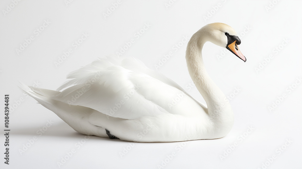 Fototapeta premium A graceful swan with a long neck and flowing feathers, placed on a solid white background.