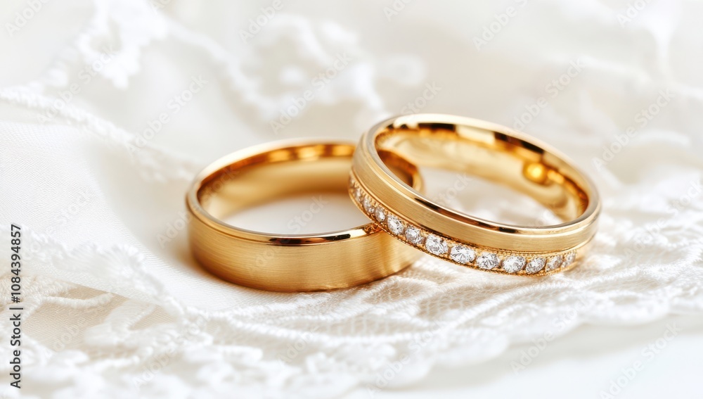Golden wedding rings on lace fabric with soft light for an elegant celebration Golden wedding rings on lace fabric with soft light for an elegant celebration