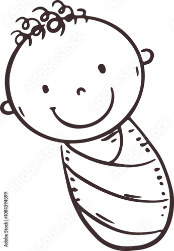 Cute cartoon newborn. Swaddle a baby. Black and white vector illustration