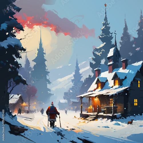 winter mountain village illustration