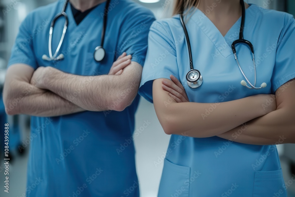 Two medical professionals in scrubs with stethoscopes, crossing their arms confidently. Two medical professionals in scrubs with stethoscopes, crossing their arms confidently.