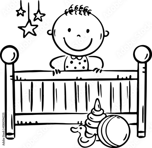 Cartoon little child is standing in a baby crib. Black and white vector illustration
