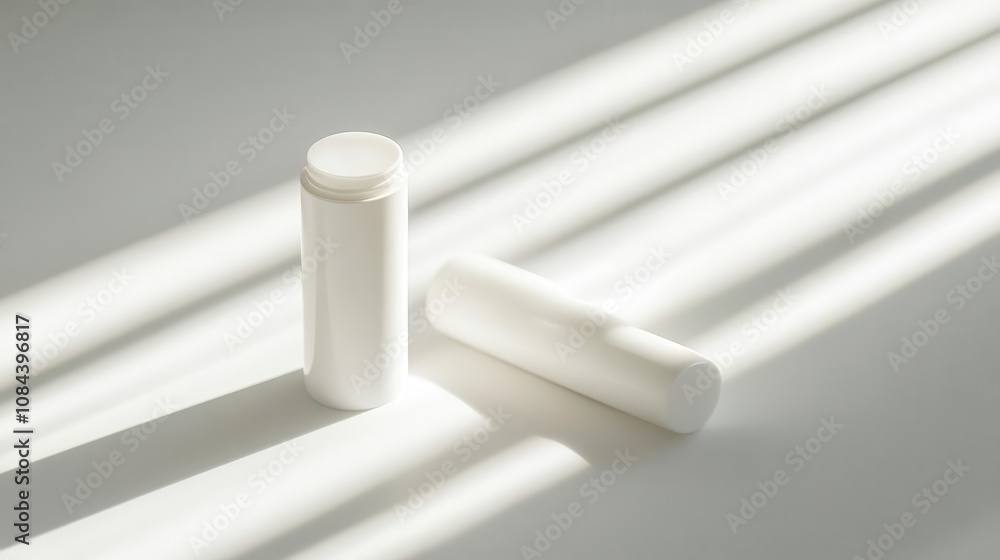 Two white cylindrical containers casting shadows on a surface. Two white cylindrical containers casting shadows on a surface.