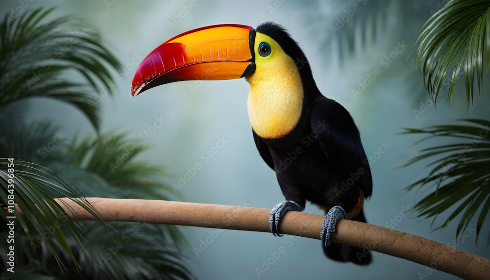 Obraz premium A vibrant toucan with a striking beak resting on a branch, surrounded by lush greenery. Represents the beauty of tropical regions and wildlife diversity.