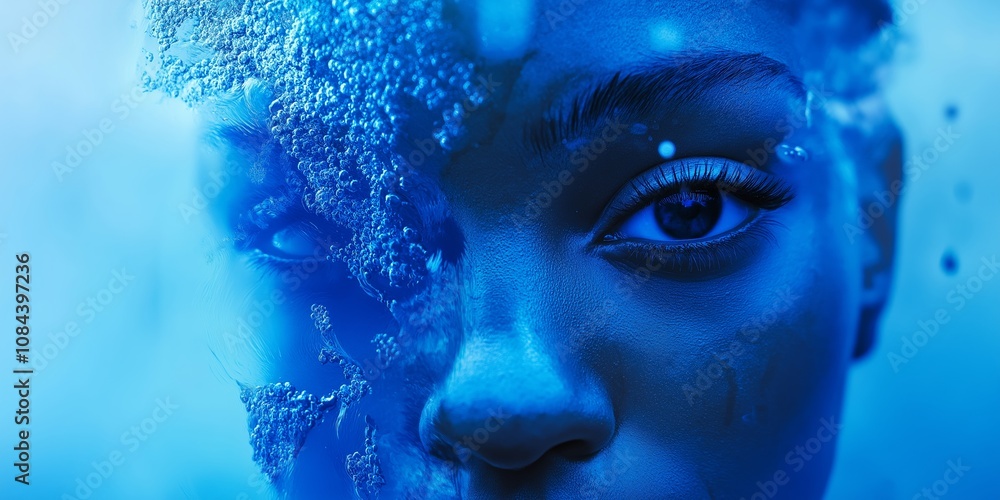 Fototapeta premium A blue-toned portrait of a person submerged in water, creating an ethereal and abstract visual effect.