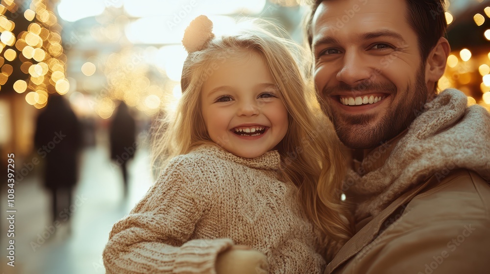 A joyful father and daughter with beaming smiles standing amidst a brightly lit festive market, capturing the warmth and excitement of the holiday season. A joyful father and daughter with beaming smiles standing amidst a brightly lit festive market, capturing the warmth and excitement of the holiday season.