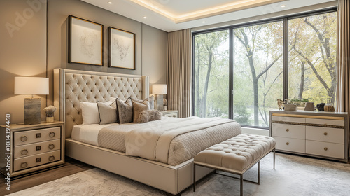 A luxurious king-size bed with a tufted headboard, matching nightstands, and a dresser, all in a spacious bedroom with large windows and soft lighting.