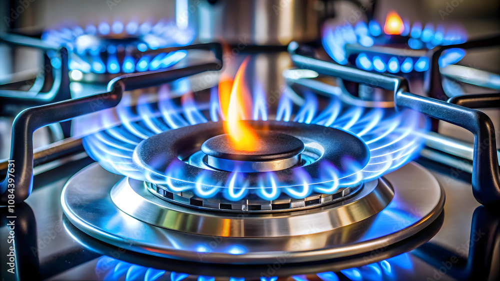 Burning gas burner on the stove in the kitchen with blue flames Burning gas burner on the stove in the kitchen with blue flames